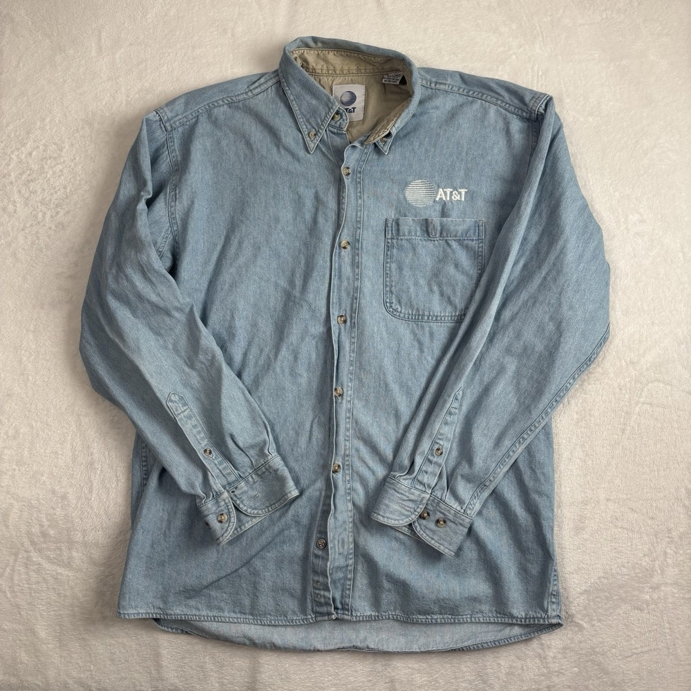 VTG AT&T Denim Long Sleeve Button Up Collared‎ Employee Shirt Men's Medium